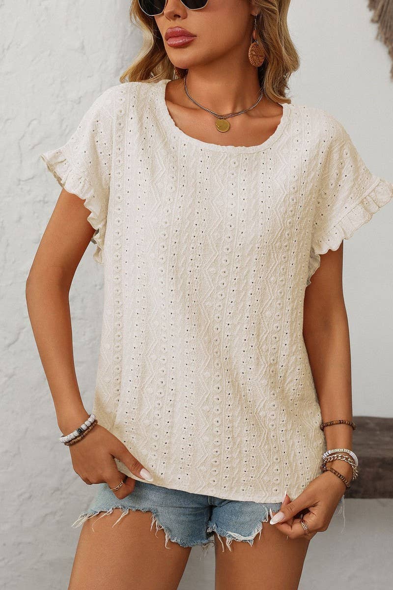 CWTBLS1710_SOLID COLOR ROUND NECK SHORT SLEEVE HOLLOW TOP