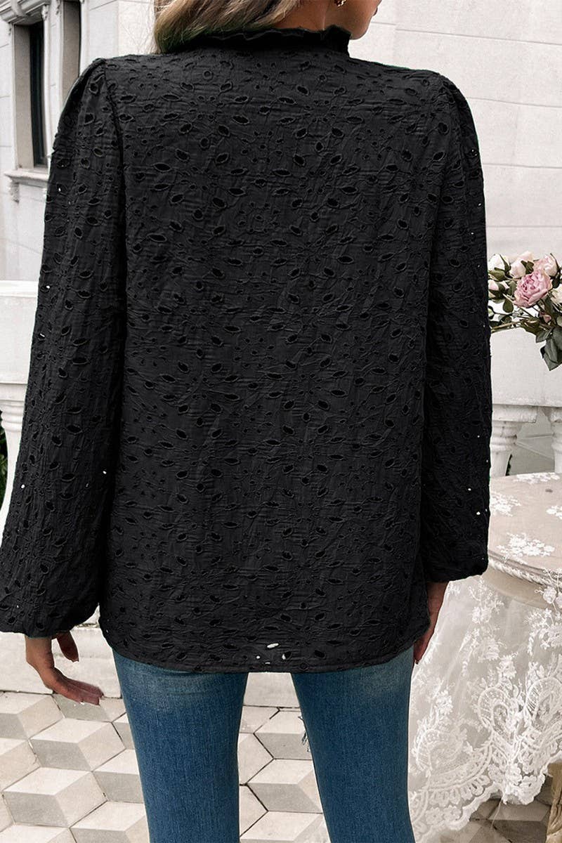 CWTSTL2732_ELEGANT HOLLOW PUFF SLEEVE EMBROIDERED TOP