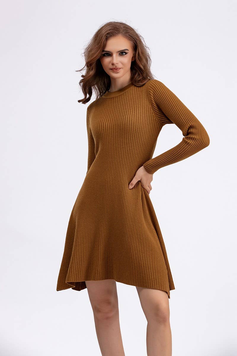 CWDSD10804_SOLID KNIT LONG SLEEVE A-LINE BODYCON DRESS