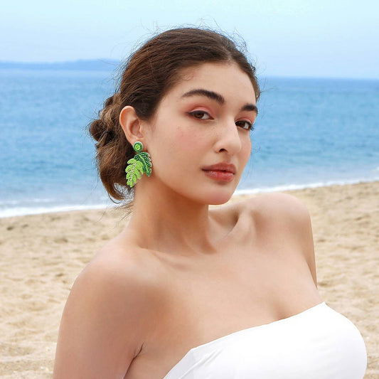 GREEN TURTLE LEAF NICHE HIGH-END BEADED EARRINGS
