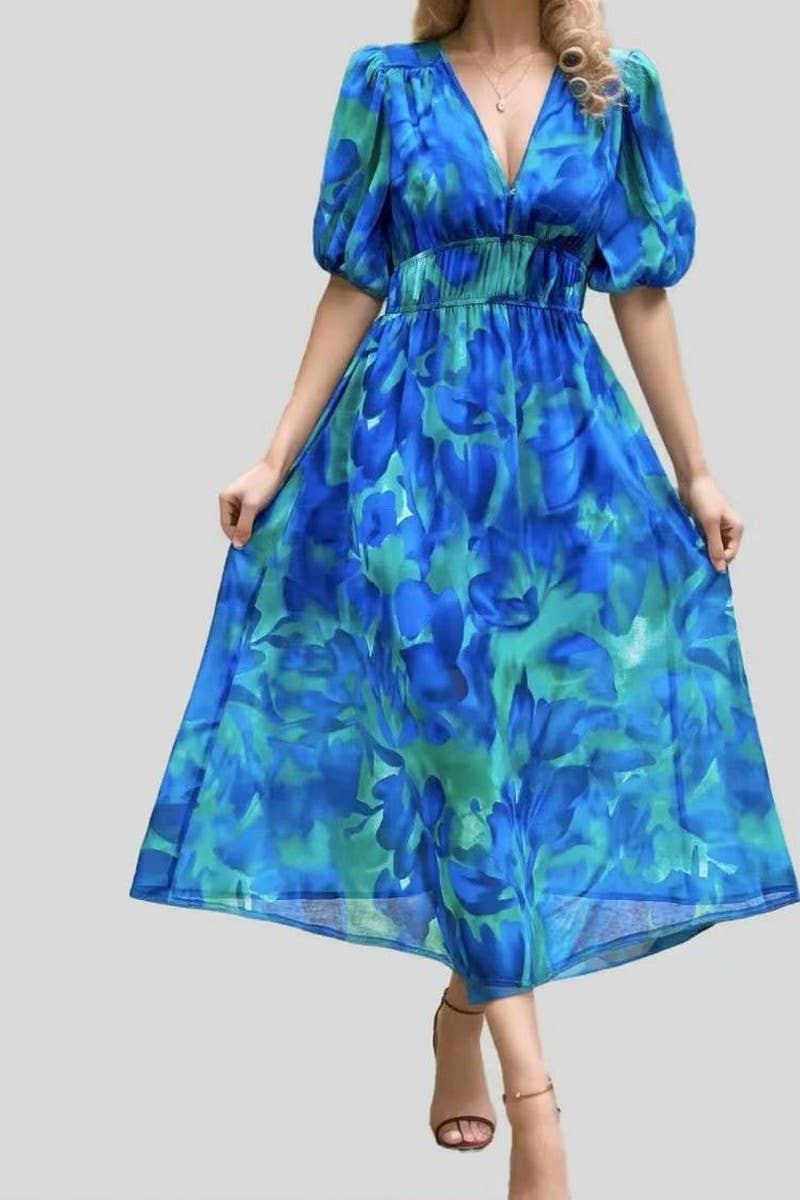 CWDMD5833_FLORAL V-NECK CINCHED WAIST MAXI DRESS