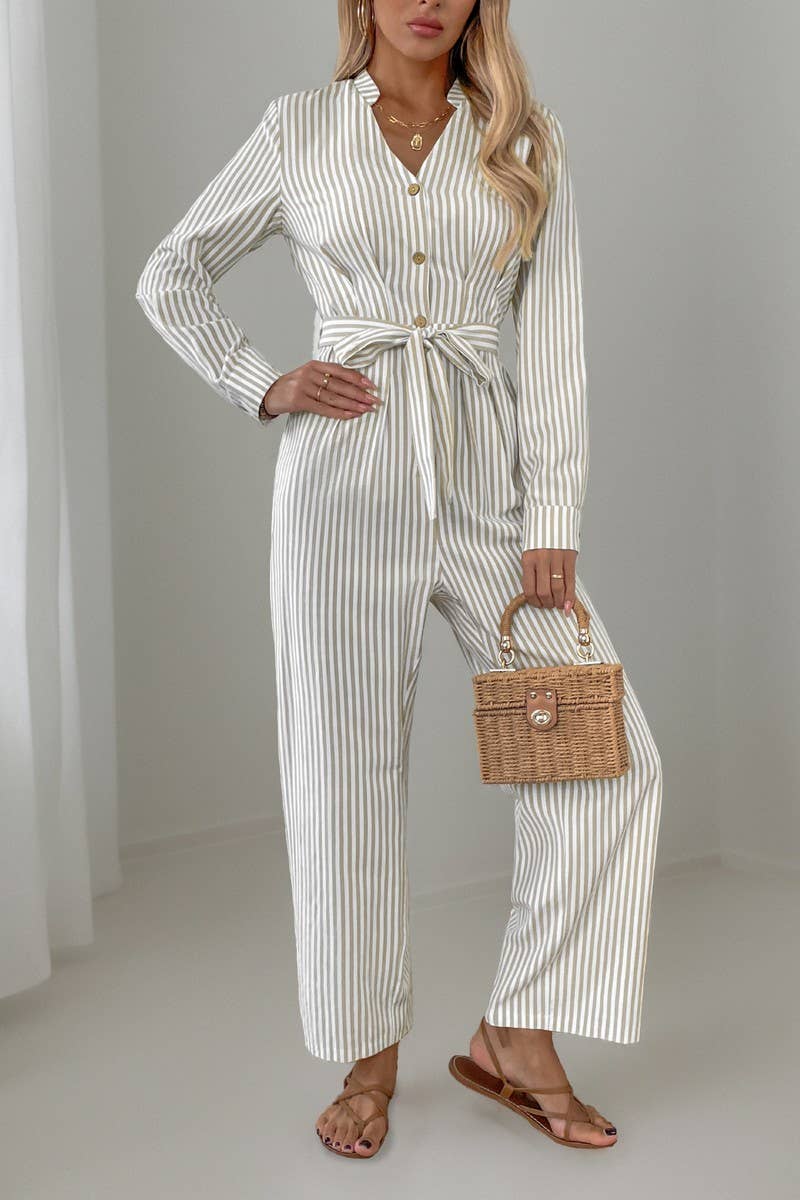 CWSBSL0134_V-NECK COMMUTER STYLE STRIPED LACE-UP JUMPSUIT