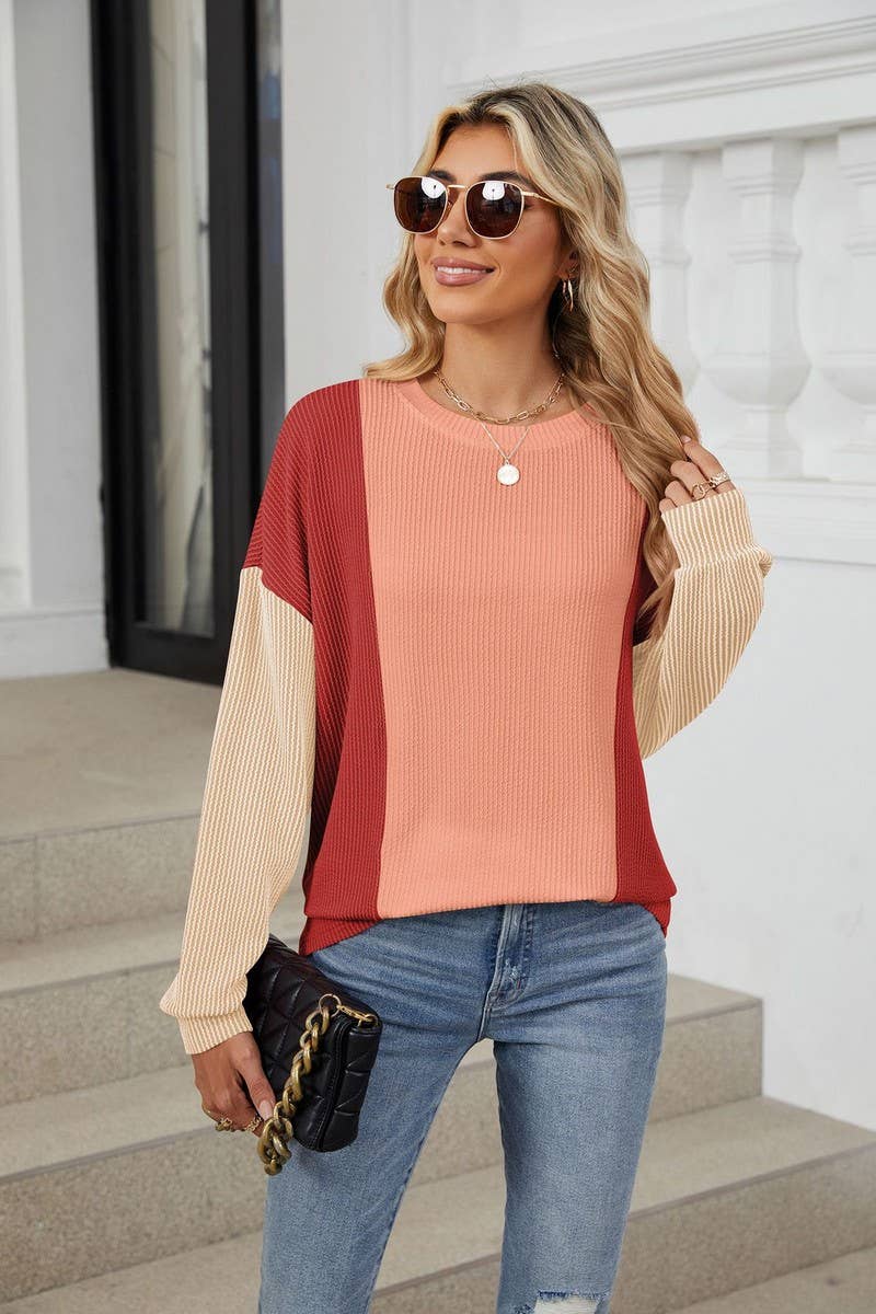 CWTBLL2358_ROUND NECK LOOSE STITCHING LONG SLEEVE TOP