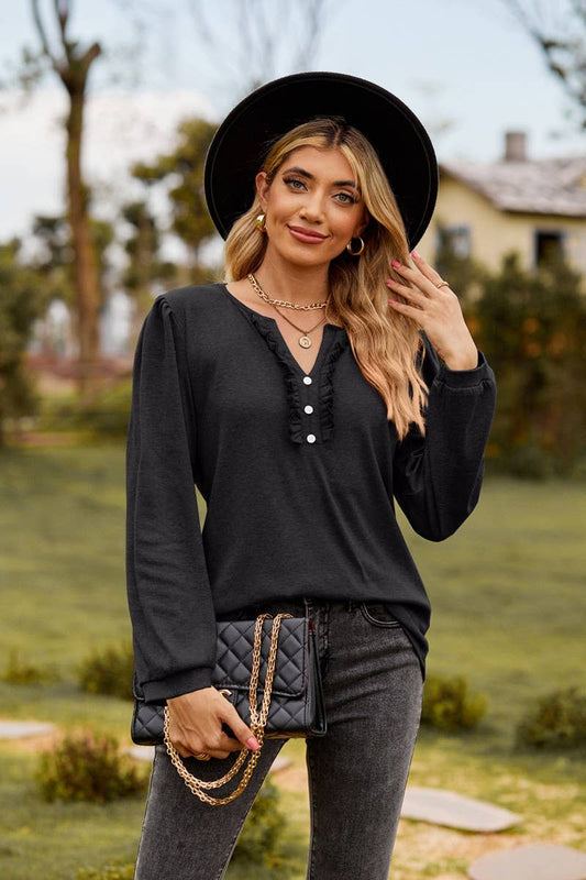 CWTBLL3682_SOLID COLOR V-NECK BUTTON RUFFLED LONG-SLEEVED TO