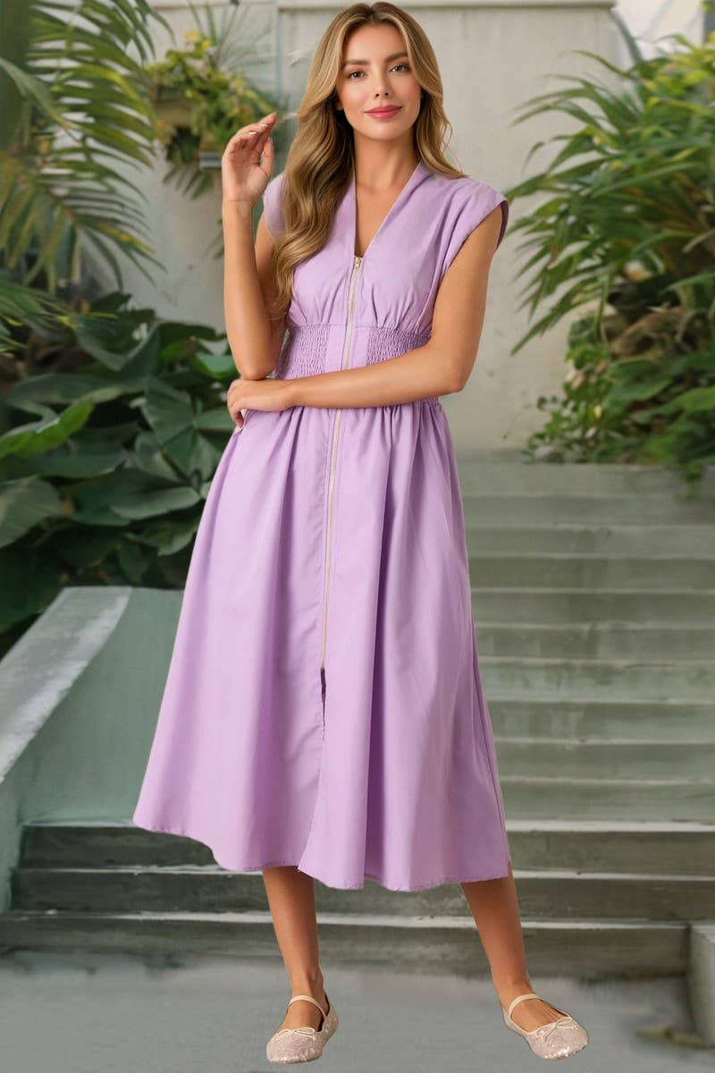 CWDMD6125_SOLID RUCHED ZIP FRONT V-NECK DRESS