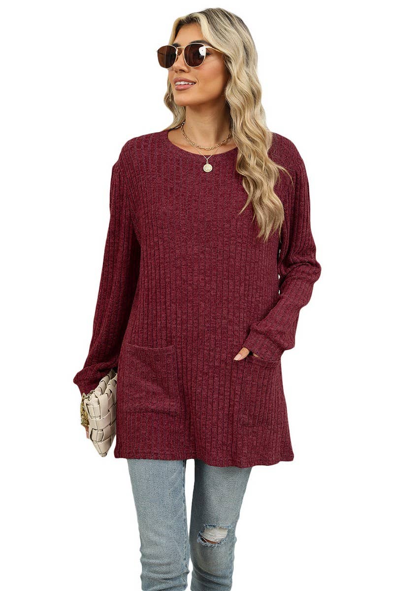 CWTBLL1118_CASUAL ROUND NECK POCKET PUFF SLEEVE LOOSE TOP