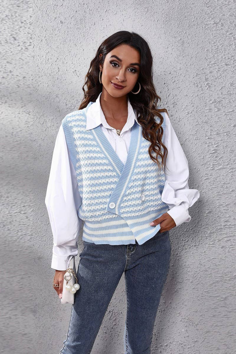 CWOV0488_STRIPED KNITTED CARDIGAN SWEATER VEST