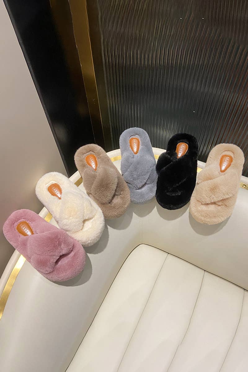 THICK SOLE CROSS STRAP FLUFFY BEDROOM SLIPPERS