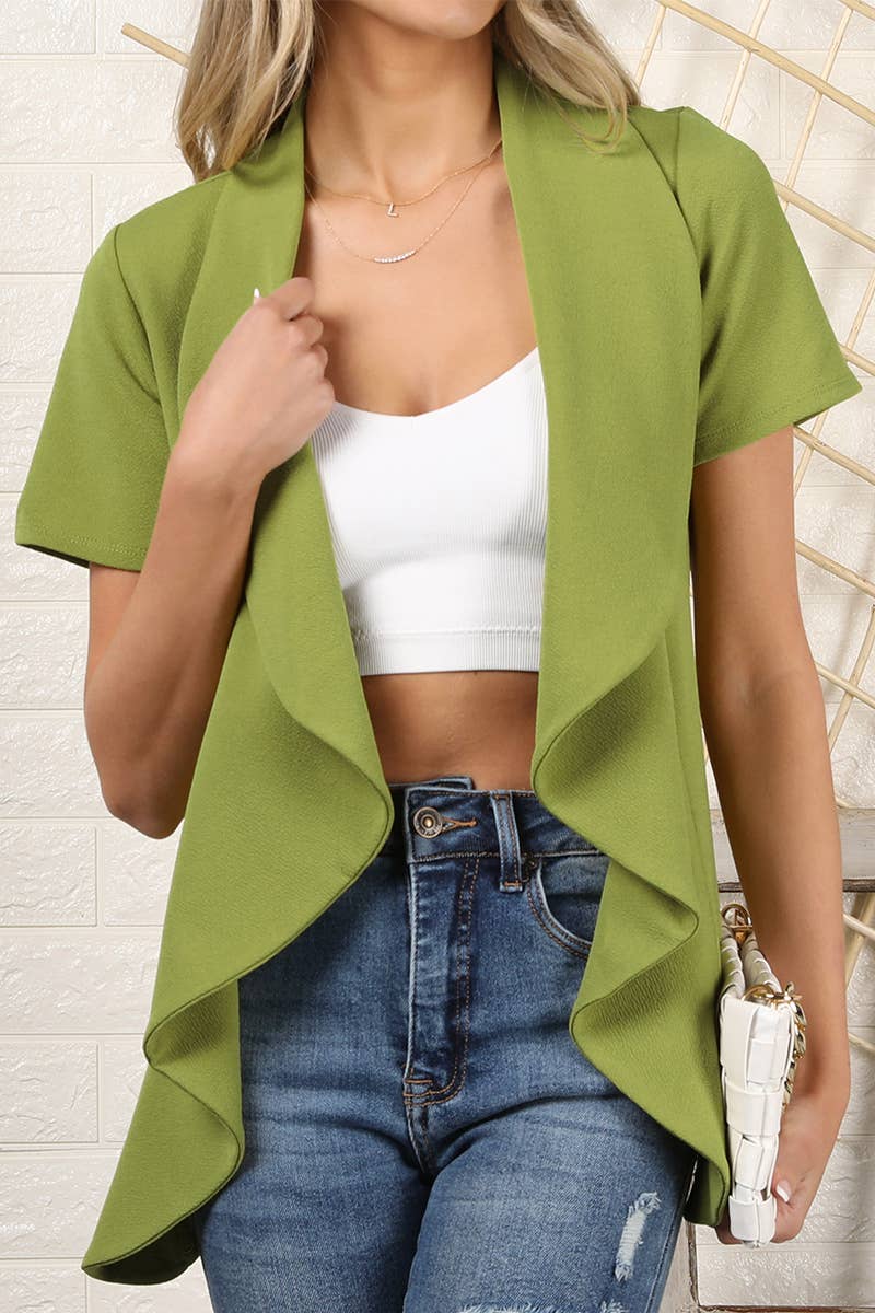 CWOBL095_Short Sleeve Open Front Draped Ruffles Blouses