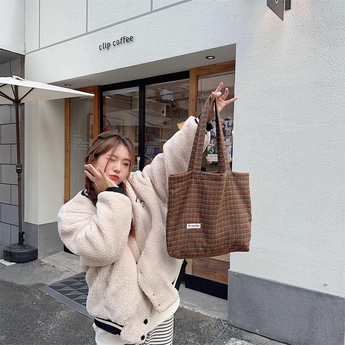 CWAB3897_LARGE CAPACITY VINTAGE PLAID TOTE SHOULDER BAG