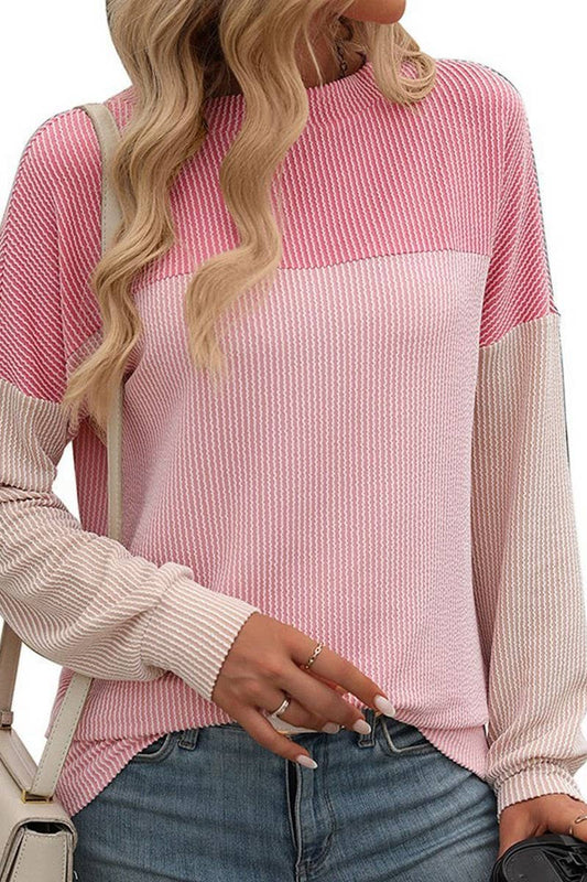 CWTBLL1490_ROUND NECK TWIST COLOR BLOCK LONG SLEEVE T-SHIRT