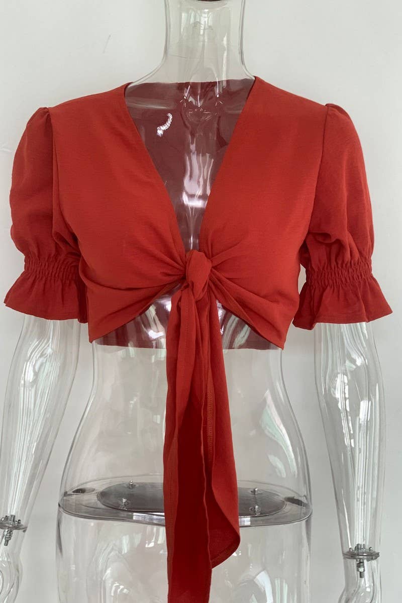 CWTBLS2349_SOLID COLOR LACE-UP CARDIGAN CROPPED TOP SHIRT