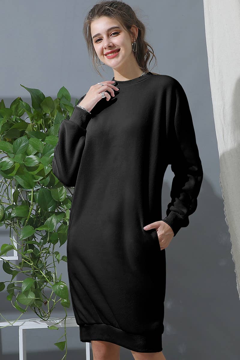 CWDMD793_R NECK FLEECE PULLOVER DRESS WITH SIDE POCKETS