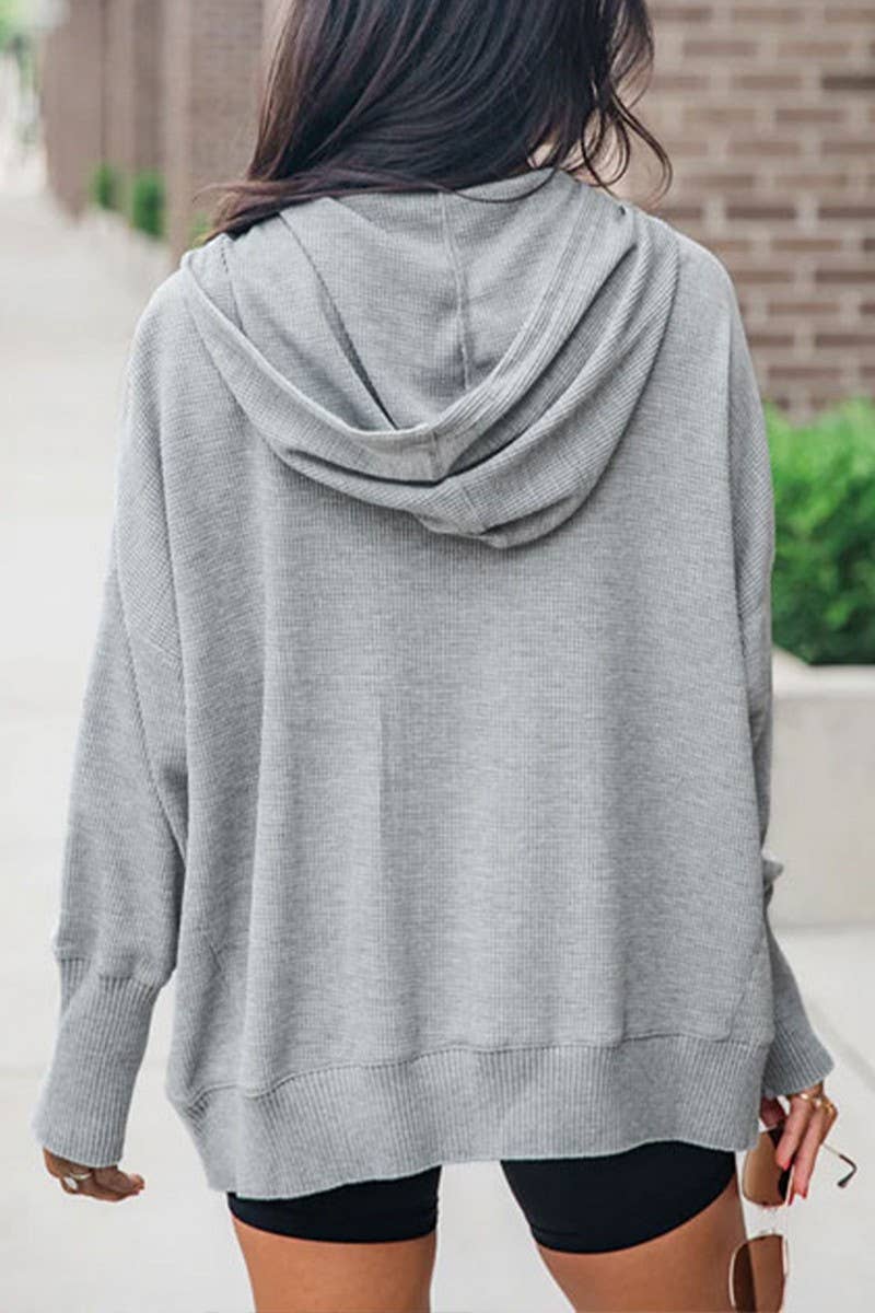 CWOHOL1102_V-NECK SOLID COLOR CASUAL HOODED SWEATSHIRT