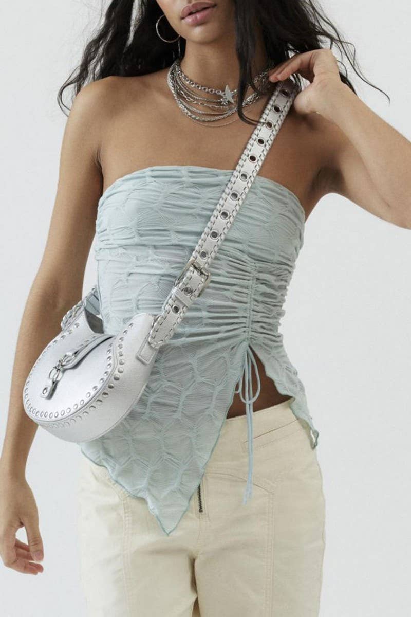 CWTTT0074_SOLID RUCHED STRAPLESS ASYMMETRICAL TIE CROP TOP