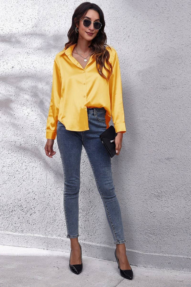 CWTBLL0691_Button Down Silky Satin Long Sleeve Top