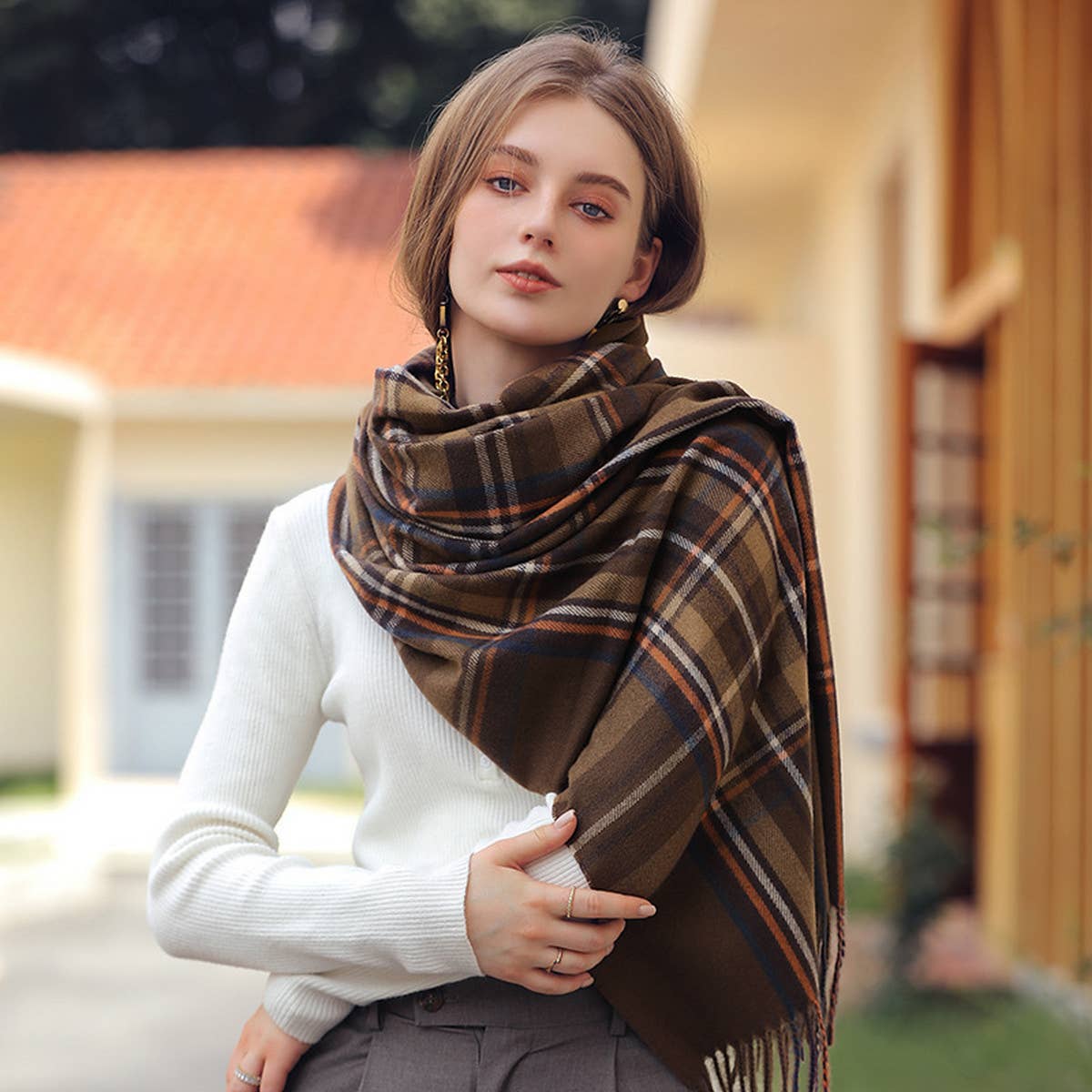 Plaid Winter Scarf for Women with Tassels, Warm_CWASC0186
