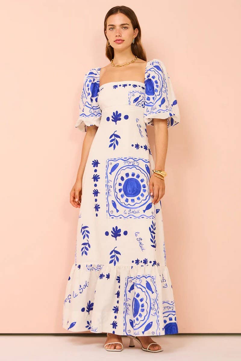 CWDMD5183_SQUARE NECK FLORAL PRINT LANTERN SLEEVE DRESS