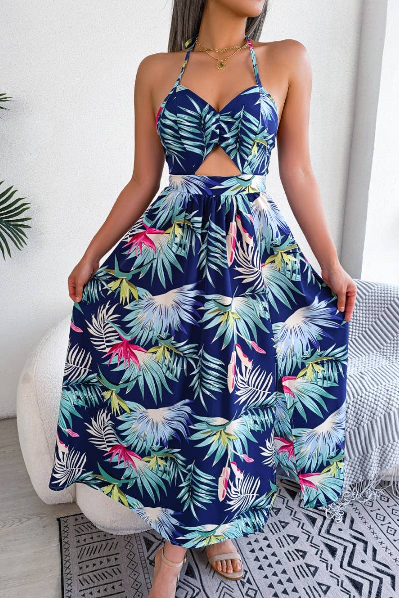 CWDHL0512_PRINT HOLLOWED-OUT BEACH HALTER DRESS LONG
