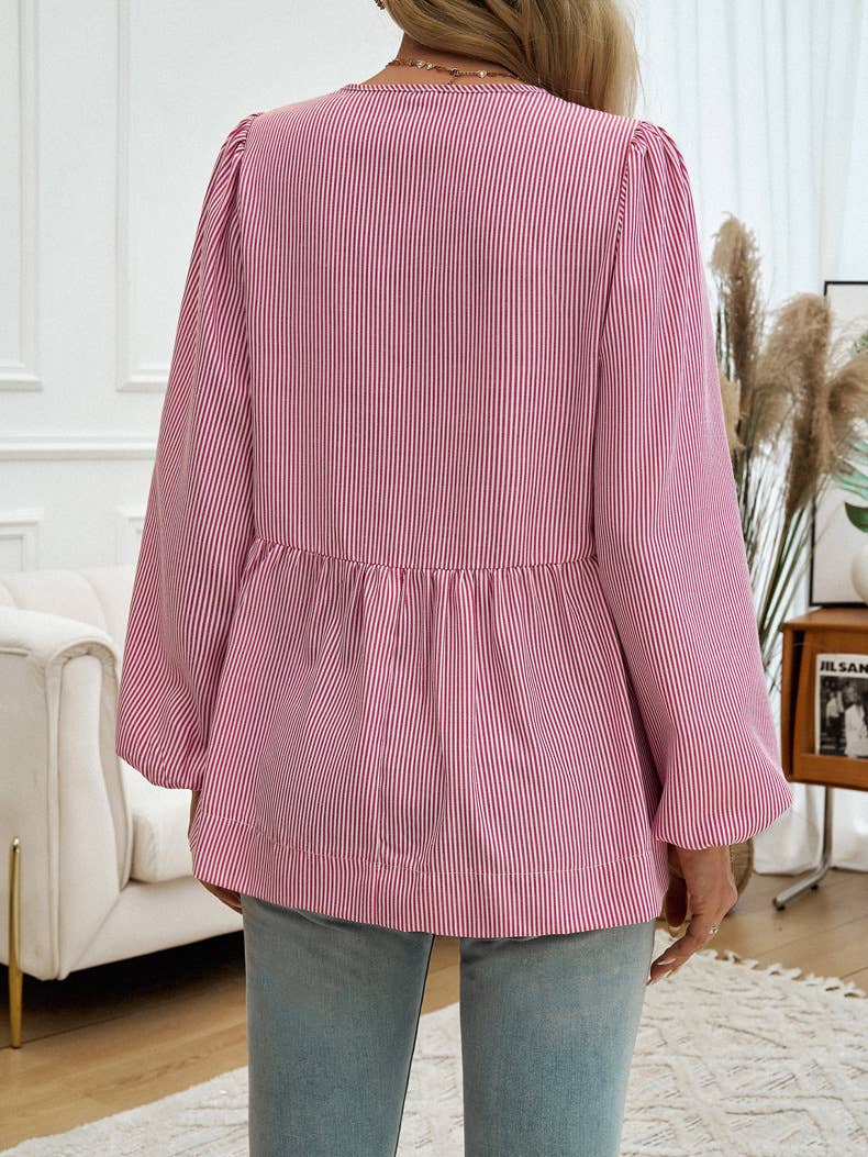 CASUAL LOOSE STRIPED LACE-UP SHIRT