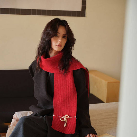 Bowknot woolen knitted solid color narrow scarf_CWASC2324