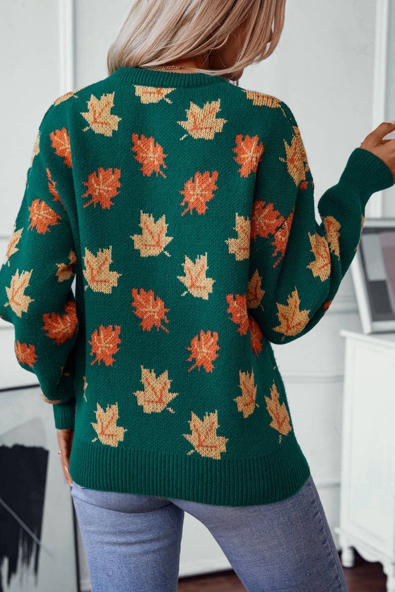 CWOSWL2808_MAPLE LEAF JACQUARD CASUAL PULLOVER KNIT TOP