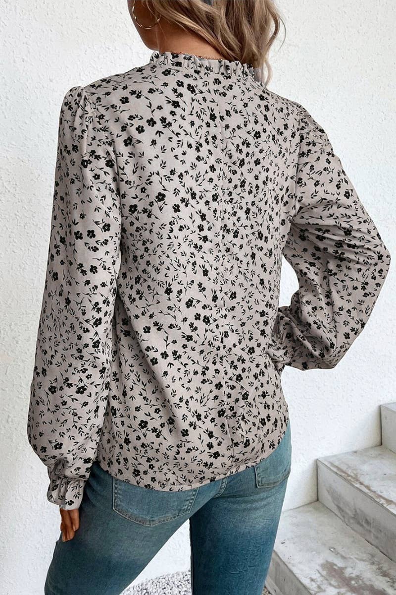 CWTSTL2080_FLORAL V-NECK RUFFLED LONG-SLEEVED SHIRT