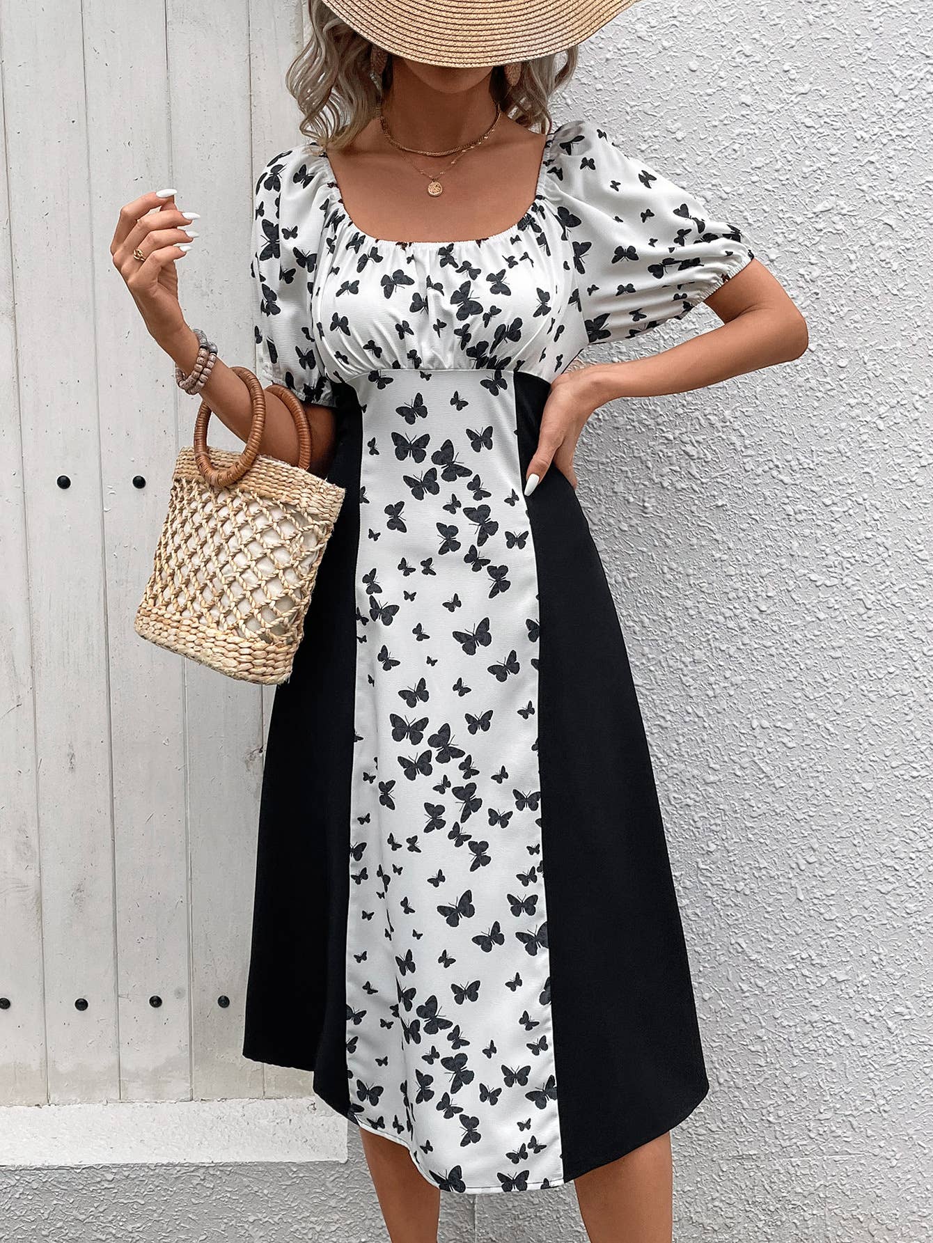 BUTTERFLY PRINT DRESS WITH LANTERN SLEEVES