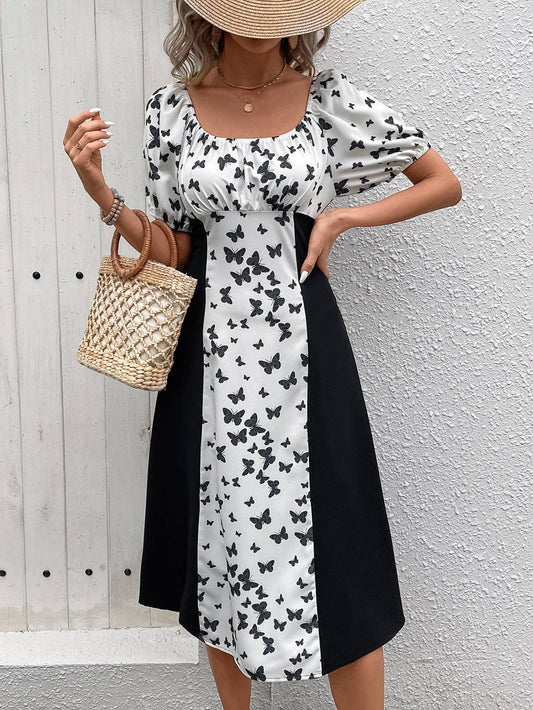BUTTERFLY PRINT DRESS WITH LANTERN SLEEVES