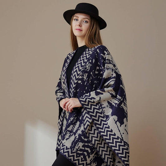DOUBLE-SIDED PLAID FAUX CASHMERE SHAWL CAPE
