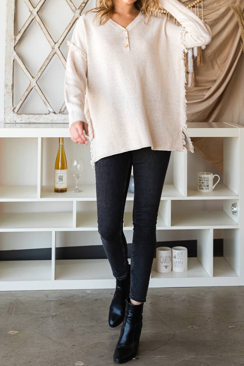 CWOSWL646-P_BUTTON DOWN FRINGE SHOULDER SWEATER KNIT TOP