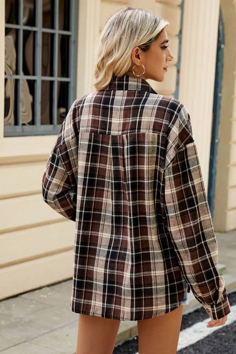 CWTSTL1711_STYLISH LONG SLEEVE POCKET PLAID SHIRT TOP