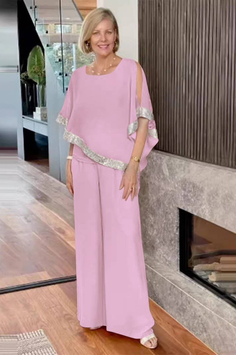 CWSTB1401_ROUND NECK SEQUIN TOP WIDE LEG PANTS SET