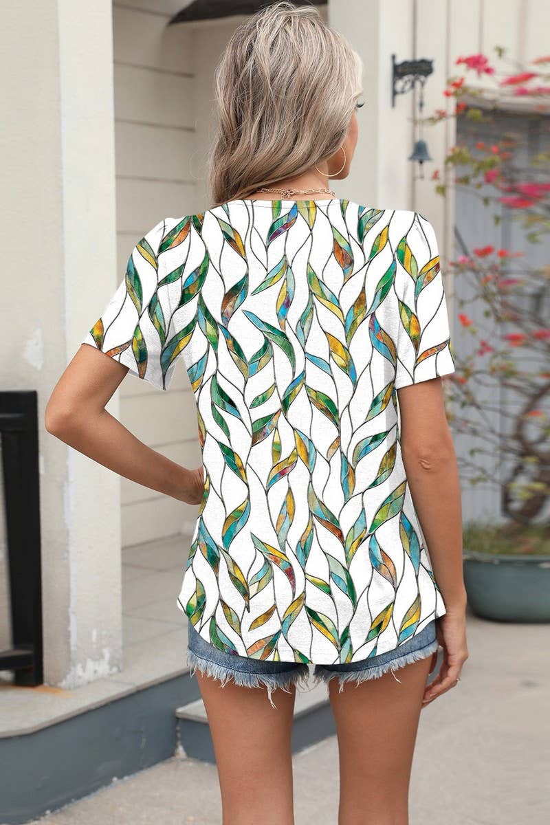 CWTBLS2277_RUCHED CREW NECK PRINTED SHORT SLEEVE TEE