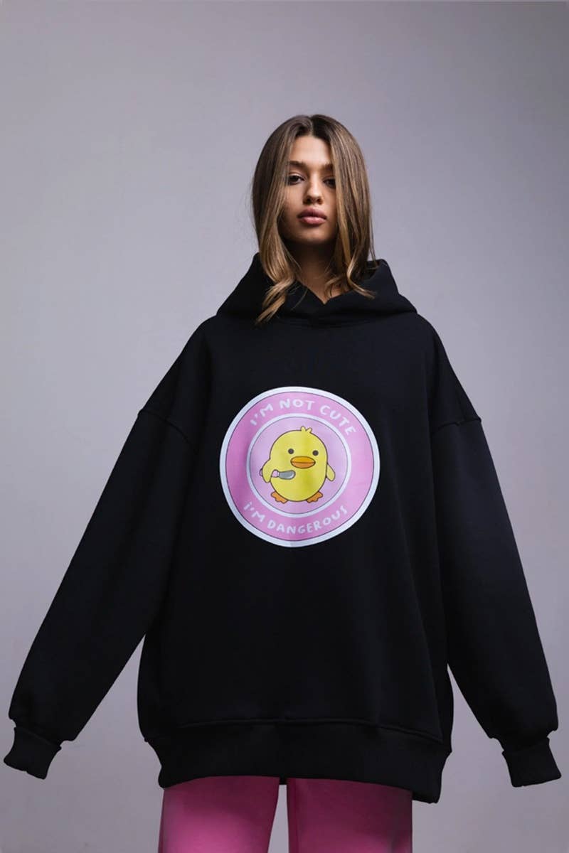 CWOHOL0660_CASUAL DUCK PRINT HOODED LONG-SLEEVED HOODIE