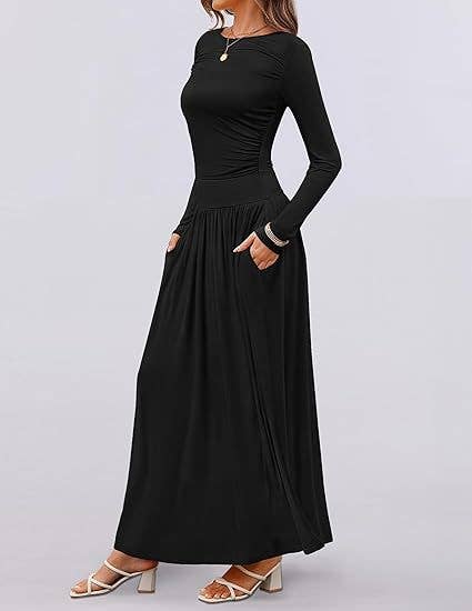 CREW NECK PLEATED POCKET SLIM LONG-SLEEVE DRESS
