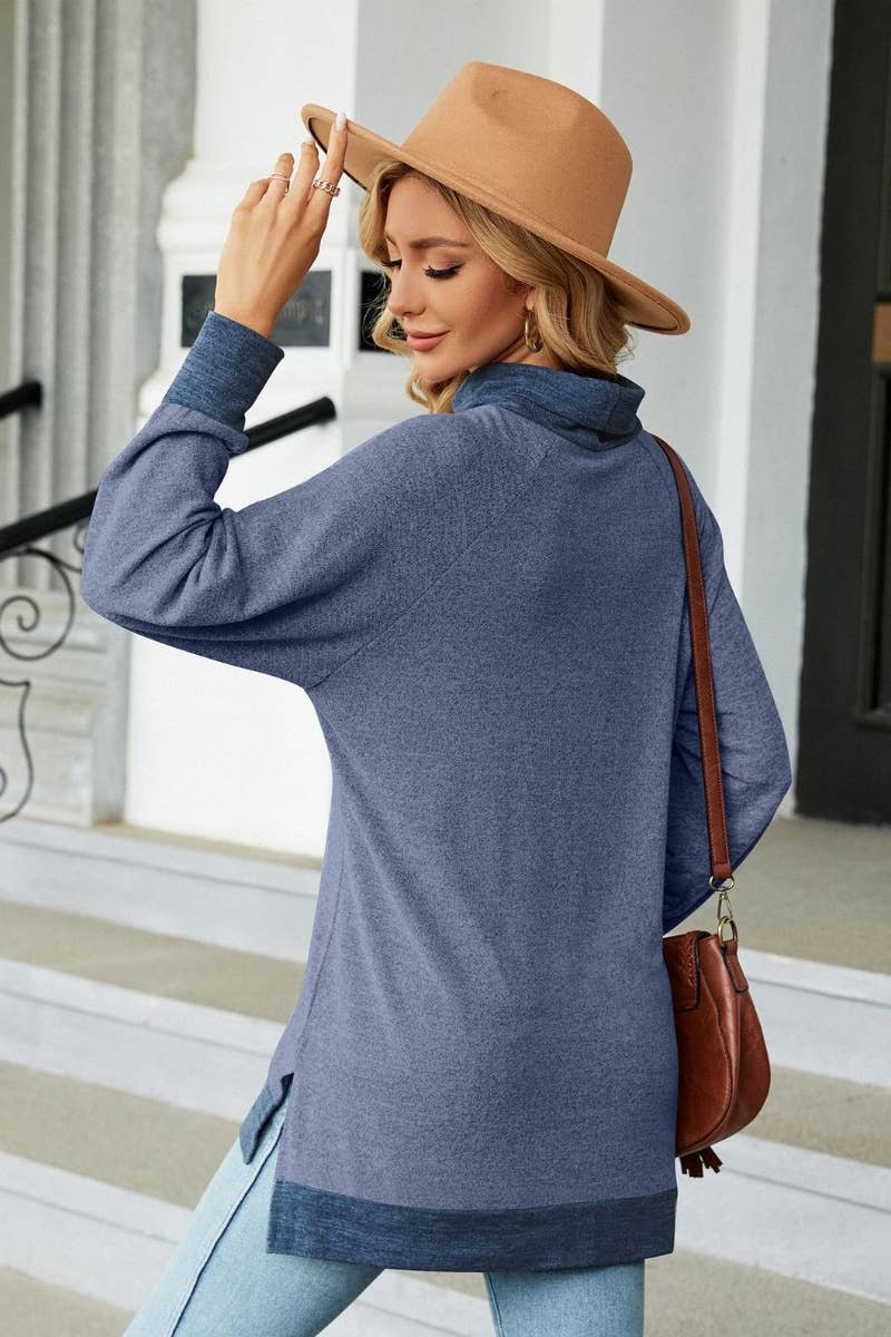 CWOSWL6537_HIGH-NECK CONTRASTING COLOR LONGSLEEVED SPLIT TOP