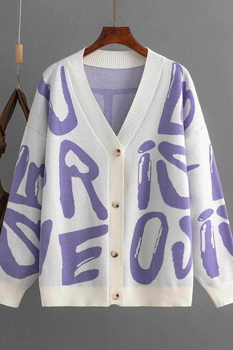 CWOCAL00668_LETTER JACQUARD SINGLE BUTTON KNIT CARDIGAN