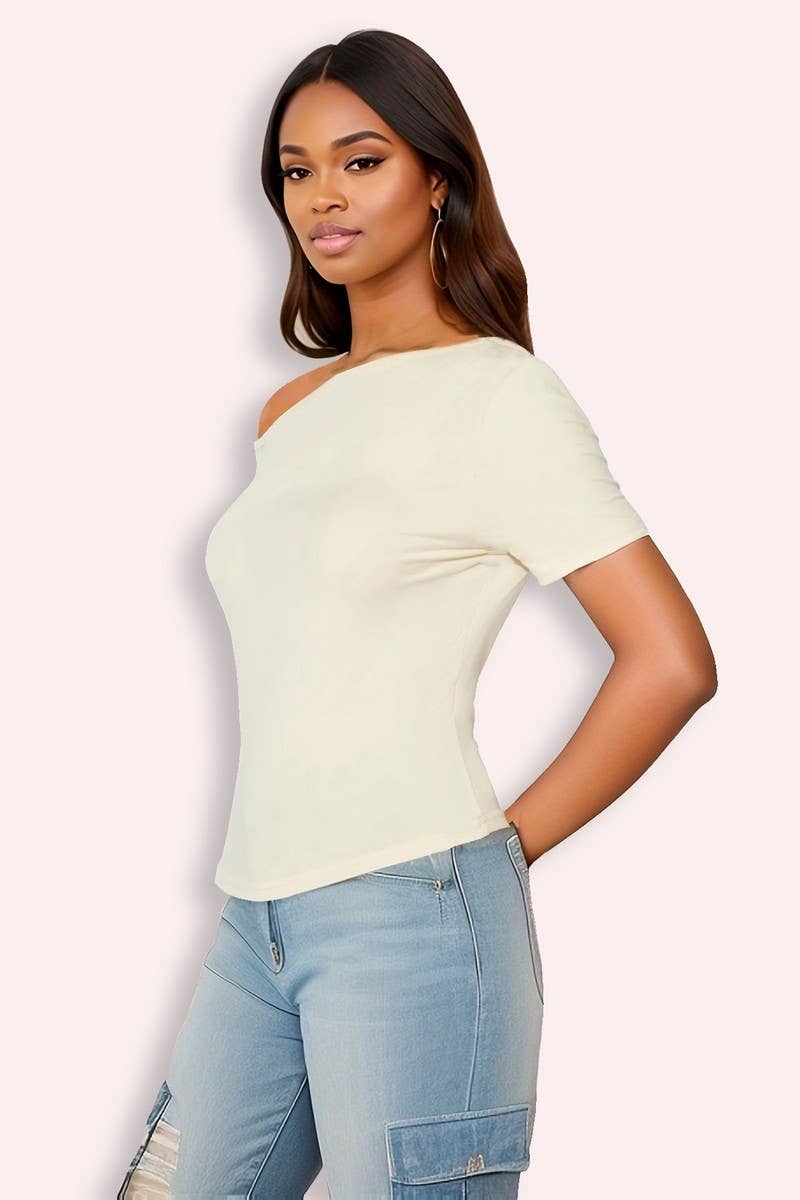 CWTBLS1912_ASYMMETRICAL NECK SLIM FIT OFF SHOULDER TOP