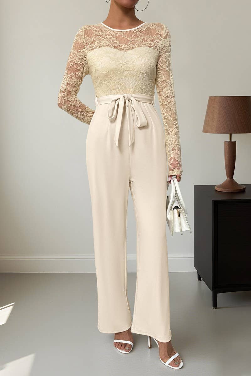 CWSJS00276_LACE PATCHWORK ZIP TIE SOLID LOOSE JUMPSUIT