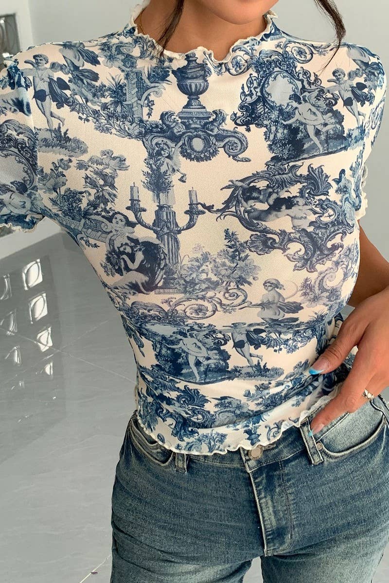 CWTBLS2106_SLIM FIT MESH FLORAL RUFFLE SLEEVE TEE