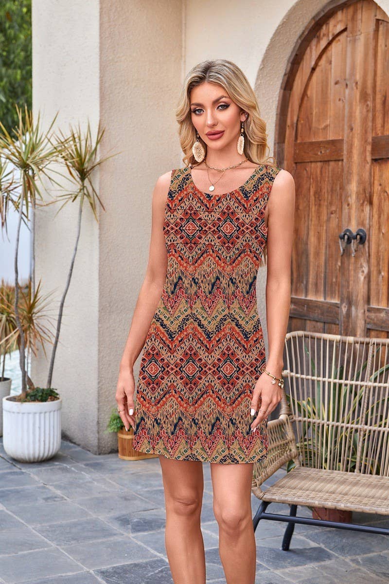 CWDHL1086_ROUND NECK PLEATED SLEEVELESS PRINTED POCKET DRESS