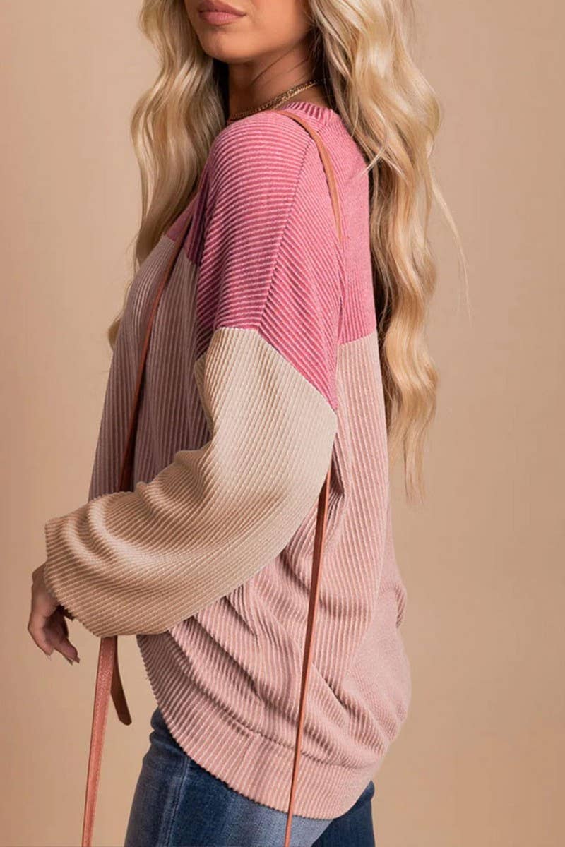 CWTBLL1828_ROUND NECK TWISTED STRIPE COLOR BLOCK LOOSE TOP