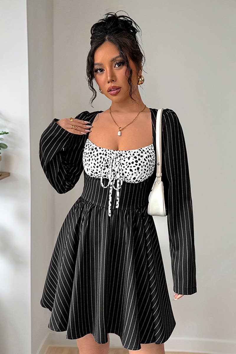 CWDSD8745_COLORBLOCK STRIPE PATCHWORK LONG SLEEVE DRESS