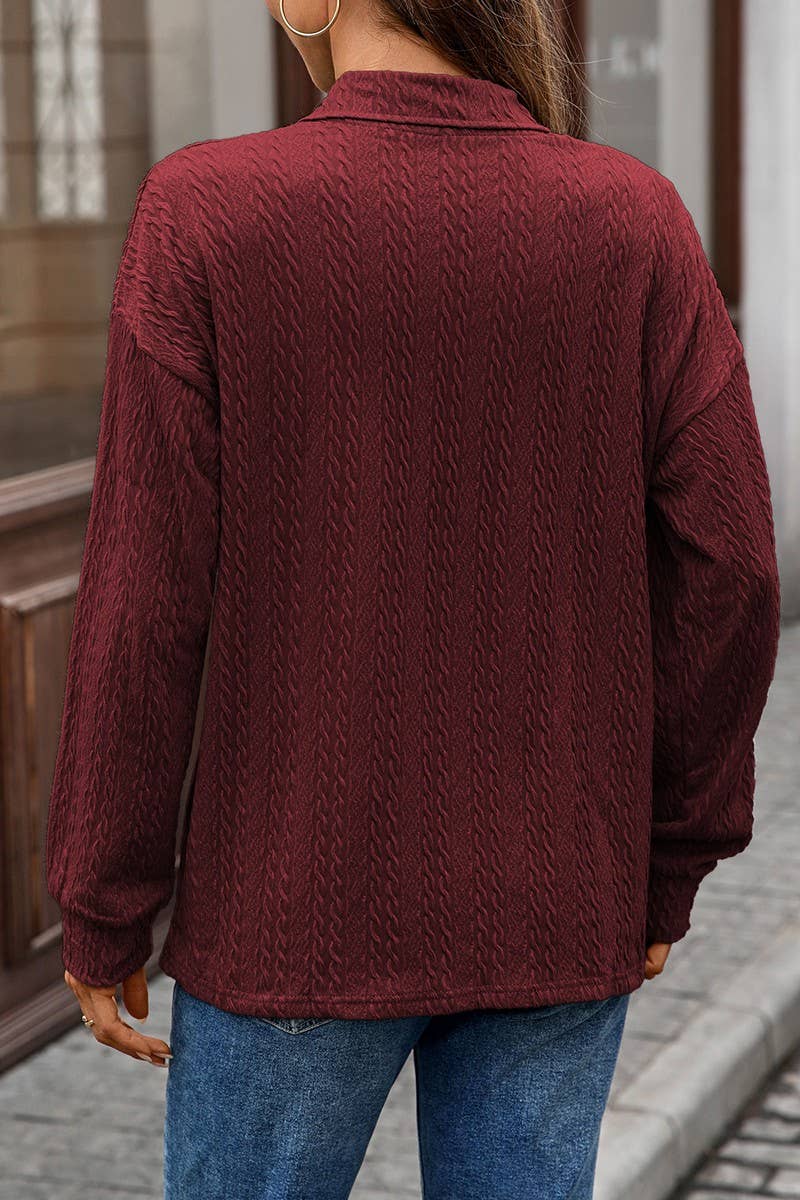 CWTBLL01307_V NECK CABLE KNIT SOLID LONG SLEEVE TEE