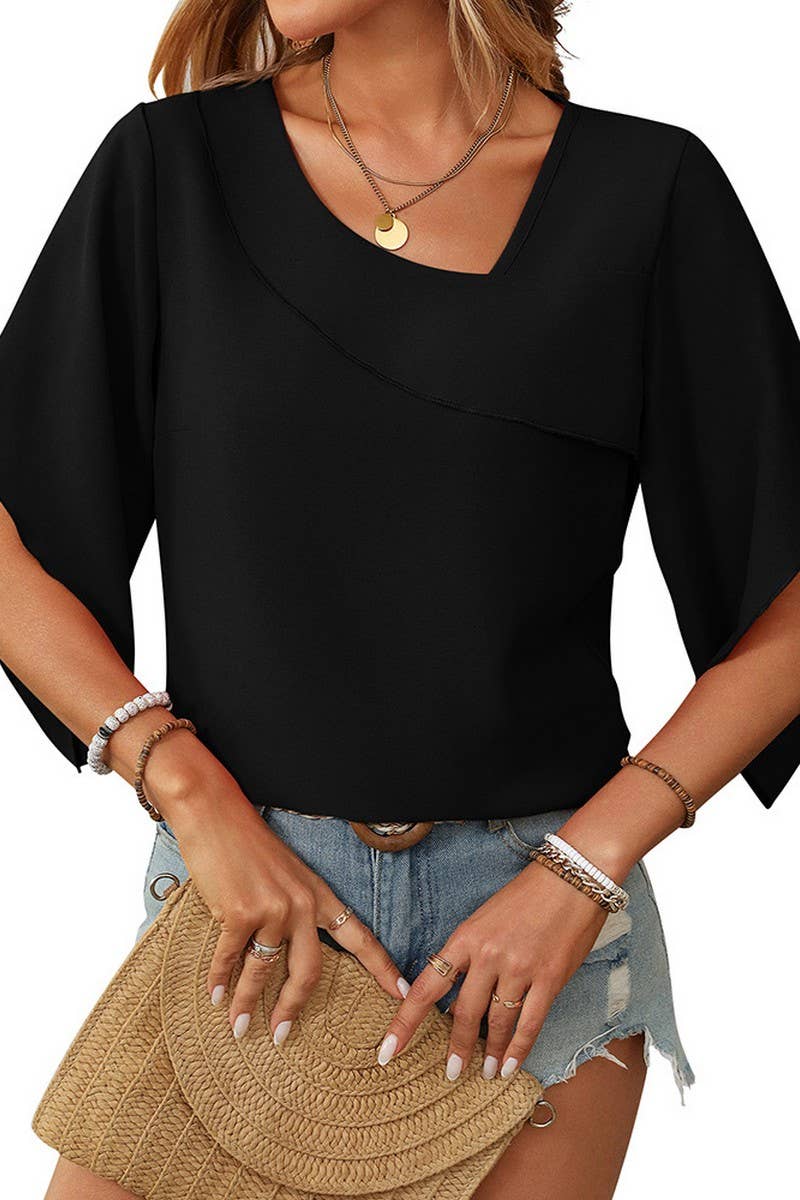 CWTBLS1711_CASUAL OBLIQUE V-NECK CHIFFON BUD SLEEVE TOP