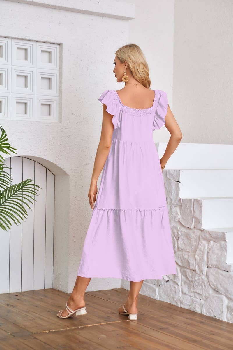 Fly-sleeve square neck off-the-shoulder dress