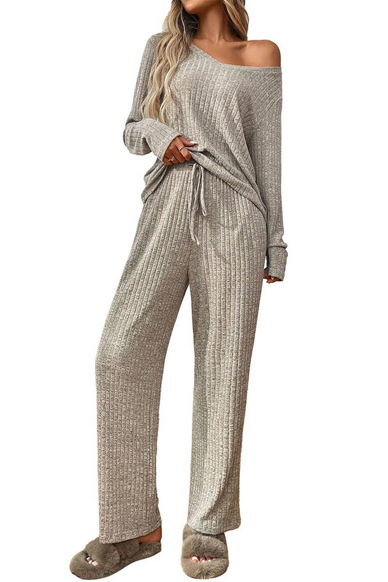 CWOSWL07636_RIBBED PAJAMA SET WOMEN LONG SLEEVE TOP AND PANT