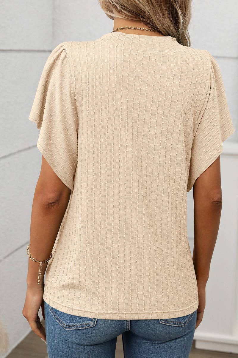 CWTBLS1718_SOLID COLOR ROUND NECK RUFFLE SLEEVE TOP