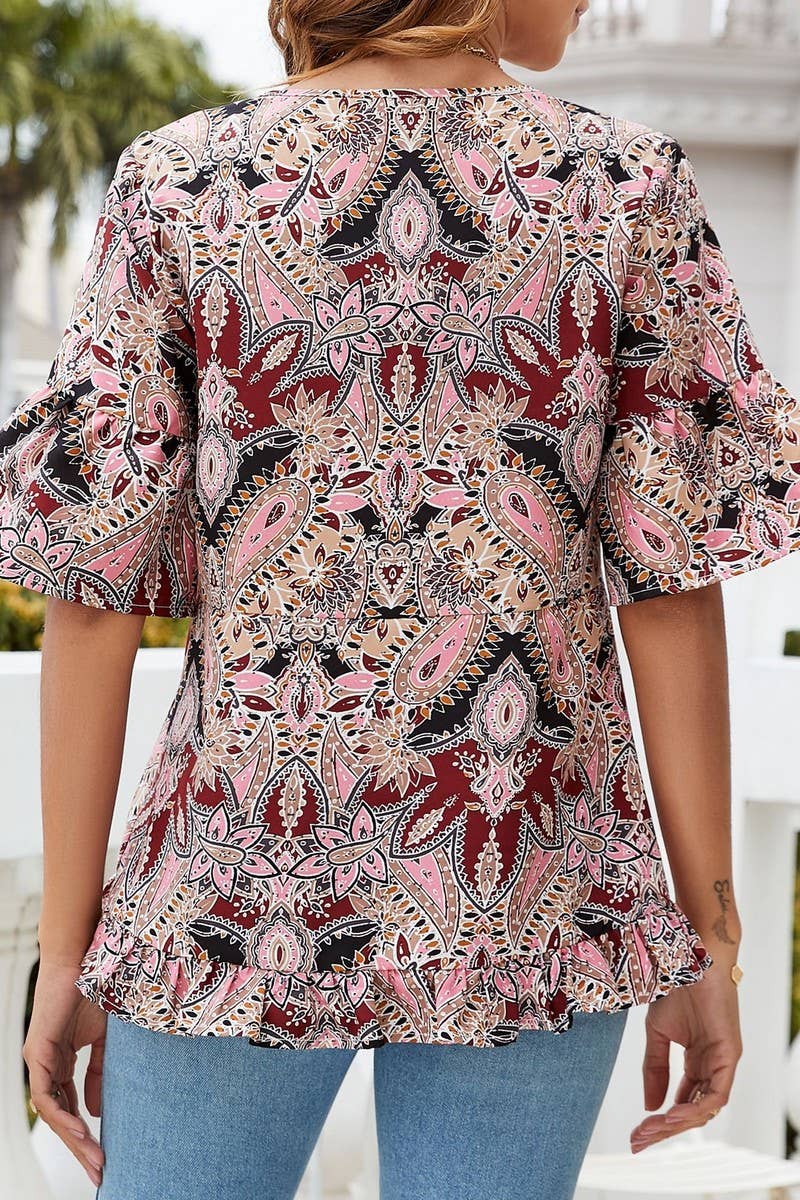 CWTBLS1804_V-NECK PRINTED CASUAL TRUMPET SLEEVE TOP